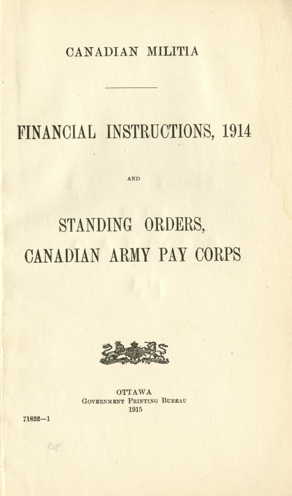 Financial Instructions and Standing Orders, 1914 Wartime Canada